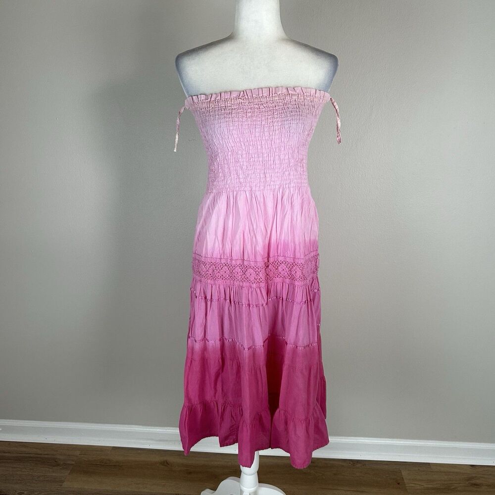 Strapless XL Y2K Dress Midi Tiered Crochet Ombré Pink Barbie Hippie Beach